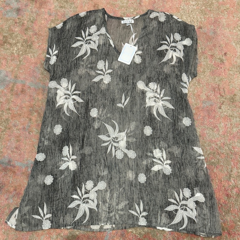 Adore Gray Sheer Floral Long Top